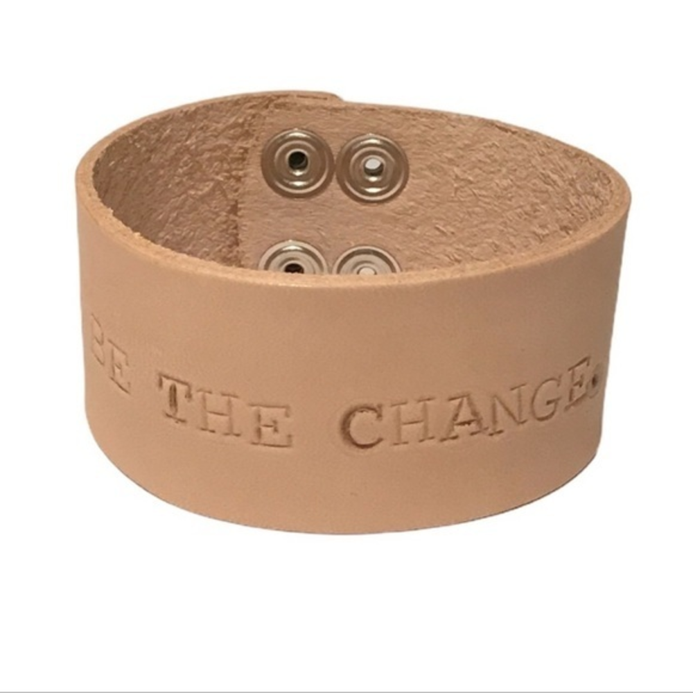 Hand tooled tan 100% leather motivational Be the Change adjustable cuff bracelet